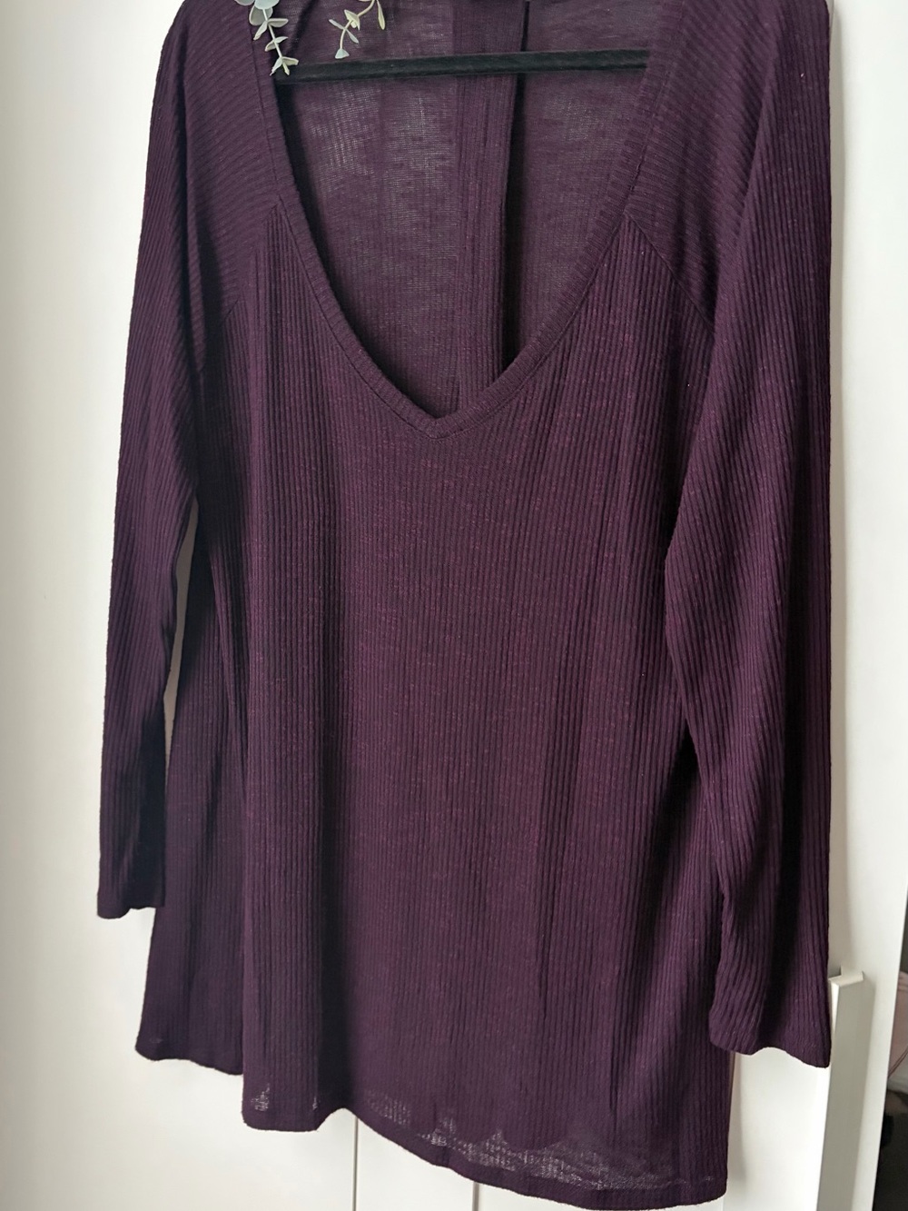 a.n.a Women's Ribbed V-Neck Long Sleeve Top - Plum